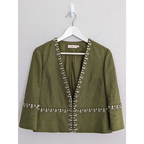 Tory Burch Avery Hills Green Linen Embellished Jacket Sz 4 Women’s Designer $525 - Picture 1 of 6